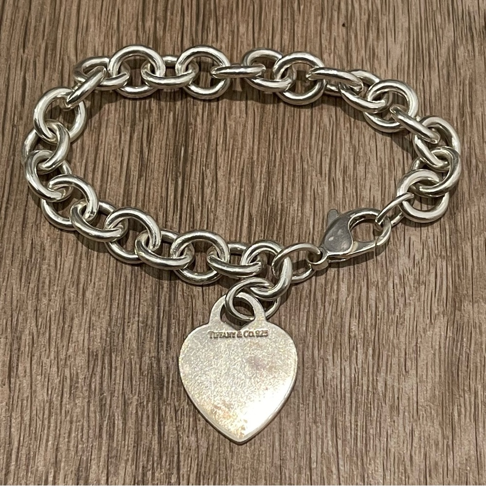 Tiffany & Co Sterling Silver Blank Heart Charm Tag Chain Bracelet Womens 7.5”